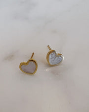 gold motherof pearl stud earrings, heart shape stud earrings @dylanjamesjewelry.com