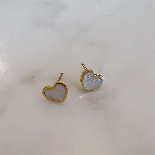 gold motherof pearl stud earrings, heart shape stud earrings @dylanjamesjewelry.com