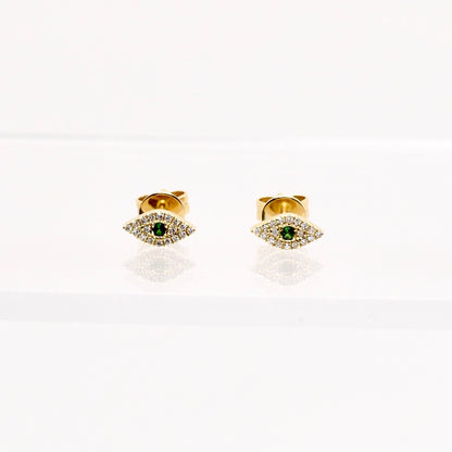 gold diamond emerald evil eye stud earrings @dylanjamesjewelry.com