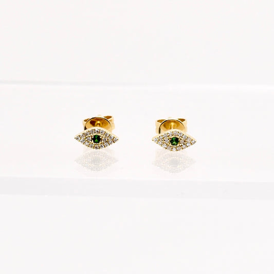 gold diamond emerald evil eye stud earrings @dylanjamesjewelry.com