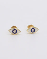 small yellow gold white and blue enamel diamond evil eye stud earrings  @dylanjamesjewelry.com