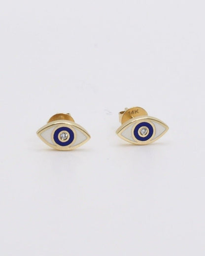 small yellow gold white and blue enamel diamond evil eye stud earrings  @dylanjamesjewelry.com